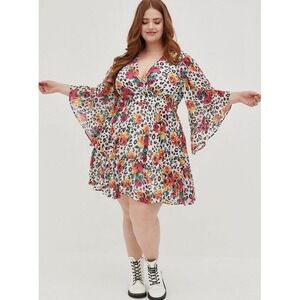 Betsey Johnson Ruffle Bell Sleeve Mini Dress - Crinkle Chiffon Leopard Floral 00
